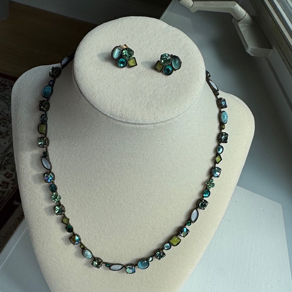 Vintage Sorrelli Green and Blue Choker Necklace and Earring Set